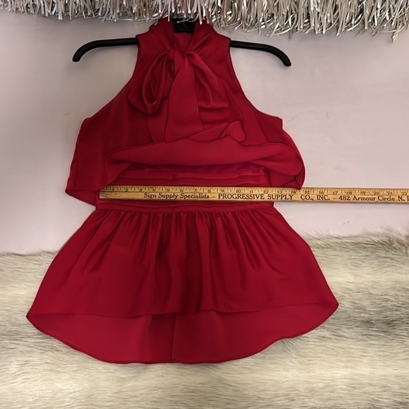 BCBGMAXAZRIA Red Celline XXS Sleeveless Pussycat Bow High Waist Peplum Blouse - Picture 11 of 14
